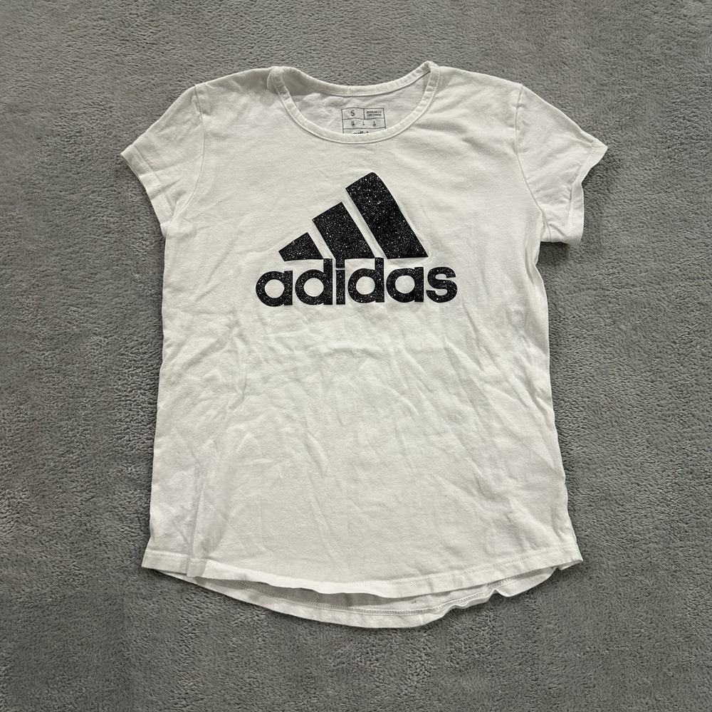Adidas Top Tshirt Girls Kids S (7/8) White Black Logo Short Sleeve Cotton Casual